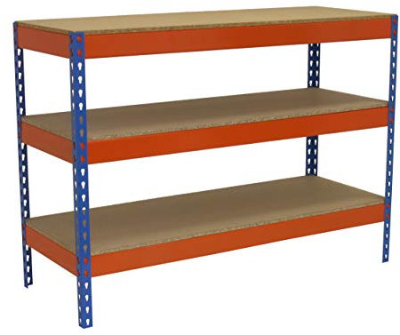 SimonRack Banco de Trabajo Taller, Mesa de Trabajo Taller, Carga Máxima 400 kg, 900x1200x750 mm, Bricolaje, 3 Alturas, Azul/Naranja/Madera - BT-Basic