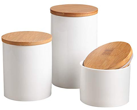 OnePine 3er Set Vorratsdosen Keramik mit Bambusdeckel Vorratsdose Kaffeedose Teedose - Keramik Aufbewahrungsdosen für Tee Kaffee Bohne Zucker Gewürz Nüsse Korn