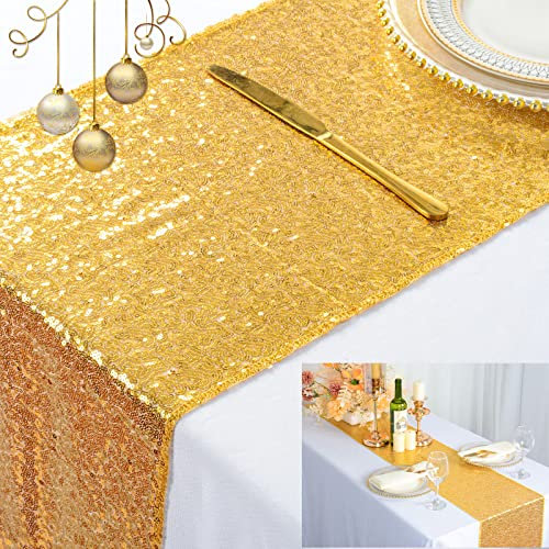 ShinyBeauty Chemin de Table Doré Paillette 30x225cm/12x90 Pouces en Or pour Noël - Décoration Intérieure À Manger pour Fête