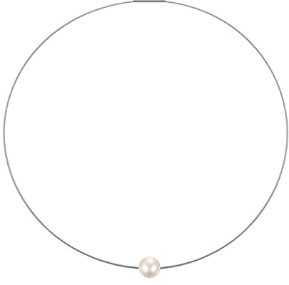 Damen Edelstahl Collier Halsreif ca.9 / ca.12 mm Süßwasserperlen, schwebender Anhänger elegant Bajonett Drehverschluß Halskette