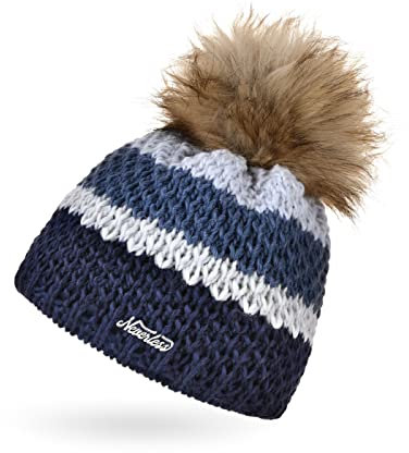 Neverless® Damen Strick-Mütze gefüttert Fleece-Innenfutter Fell-Bommel Kunstfell Winter-Mütze Bommelmütze Grobstrick Mehrfarbig Navy-blau Unisize
