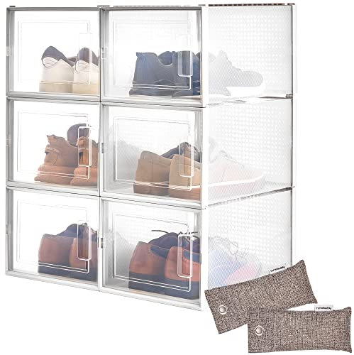 HomeBuddy Schuhbox - 6 Schuhboxen Stapelbar - Stabile Schuhboxen Stapelbar Transparent mit Rückseitiger Lüftung zur Schuhaufbewahrung - Transparente Schuhorganizer Inklusive Bambuskohle-Desodorierer