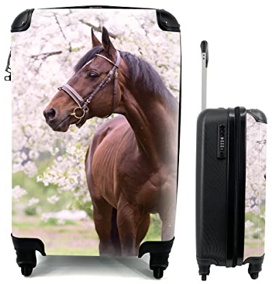 MuchoWow© Koffer Handgepäck Trolley Rollkoffer Kleine Reisekoffer mit 4 Rollen - Pferd - Sakura - Halfter - Cabin Size < 55x40x23 & 55x40x20 cm - Fotokoffer - Kabinenkoffer - Boardgepäck
