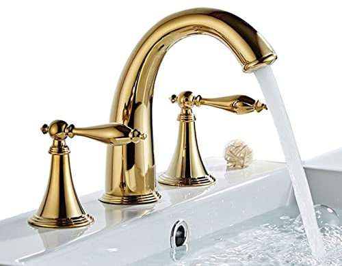 Natudeco Robinet À Double Poignée Robinet De Salle De Bains À Trois Trous Cuivre Répandu Robinet De Salle De Bains Garniture Kit Valve Robinet De Lavabo De Style Européen(Or)