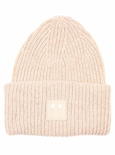 Zwillingsherz Slouch-Beanie-Mütze mit Wolle - Hochwertige Strickmütze mit Herz Smileys Patch für Damen Mädchen – Hat - Grobstrick - One Size - warm und weich für Frühling Herbst und Winter