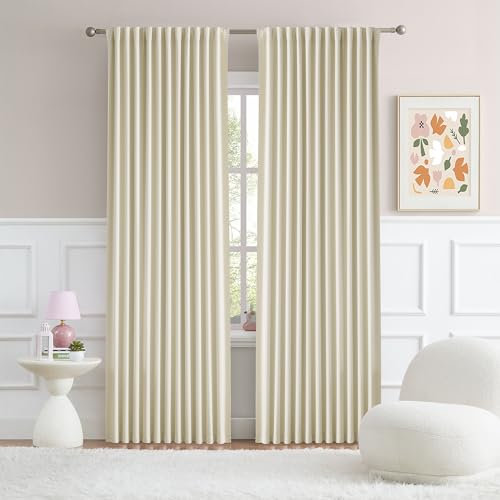DUALIFE Cream Beige Curtains 84 Inch Length - Back Tab Pleated Room Darkening for Bedroom, Dining Room, Patio Sliding Glass Door, Living Room Drapes (70W x 84L, 2 Panels)