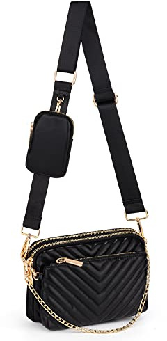 UTO Kleine Umhängetasche Damen 3 in 1 Crossbody Bag Damen Breiter Gurt mit Münzbeutel Handtasche mit Abnehmbare Kette Schultertasche mit Abnehmbarer Verstellbarer Schultergurt Schwarz Stylisch Tasche