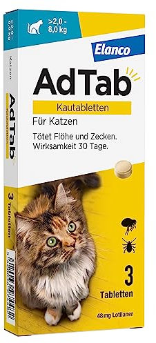 AdTab Floh- und Zeckenschutz für Katzen von über 2 bis 8 kg, Kautablette gegen Zecken und Flöhe, Schutz und Behandlung für 1 Monat, einfach zu verabreichen (3 St. pro Packung)