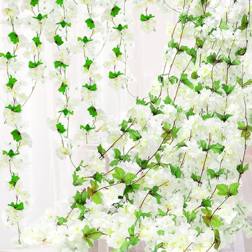 Bacucine 6 fiori di ciliegio artificiali rampicanti finti fiori di ciliegio da appendere, fiori di ciliegio finti Sakura, decorazione per la casa, festa di nozze (bianco)