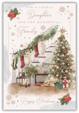 International Cards and Gifts Weihnachtskarte für Tochter und wunderbare Familie, Weihnachtsbaum und festliche Treppe mit Flitter und Folien-Details