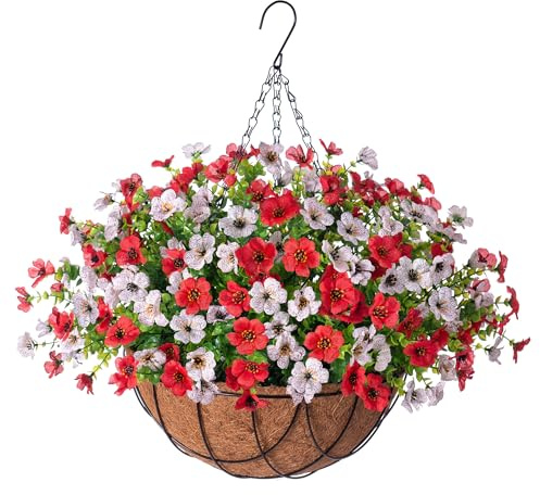Artificial Silk Flowers Hanging Baskets Outdoors Indoors,Daisy with Eucalyptus Leaves Arrangement for Garden Yard Spring Summer Decor,Faux Green Plant in Metal Coconut Lining Flowerpot(Red and White)