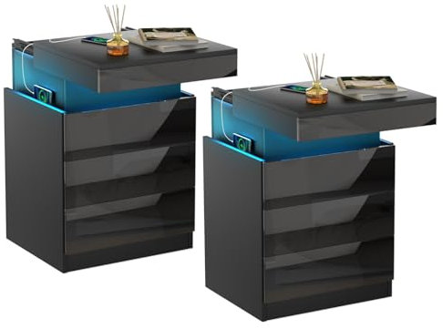 Lvhecforhm 2er Set Nachttisch mit Ladestation, Nachttisch mit LED Licht, Nachttische mit USB Anschlüsse, Intelligent mit Top Slide Locker, Schwarz Mit Schubladen Hochglanz Front