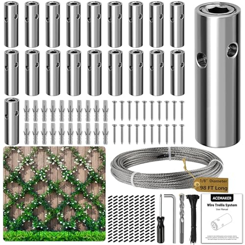 Acemaker Drahtspalier für Kletterpflanzen im Freien, 20 Set Wanddraht Rankhilfe Kit mit 1/8 Zoll x 29,9 m Edelstahlkabel, T316 zylindrisches Spaliersystem für Zaun und Garten DIY Projekte