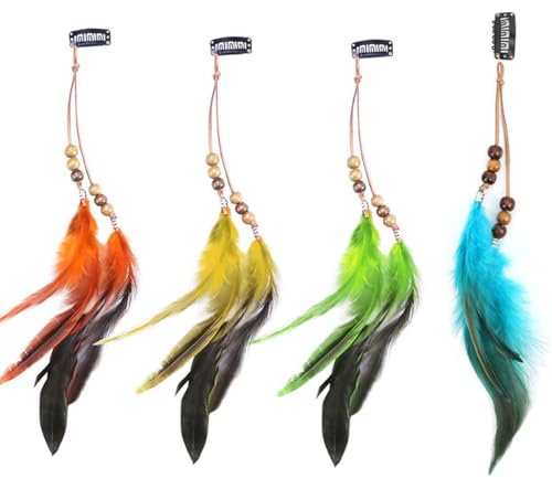 FDCGAS Clips de Pelo Pluma - 4 Piezas Pluma Extensiones de Cabello, Bohemio e Indio Tocado de Plumas, Festival Cosplay de Halloween de Cabello Accesorios,plumas para el pelo Estilo de Cuentas