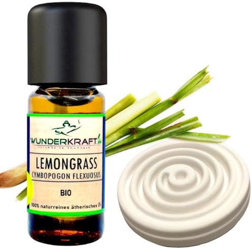 BIO Lemongrassöl + Duftstein im Set - 100% naturreines ätherisches bio Zitronengrasöl von WUNDERKRAFT.BIO, Aromatherapie & Diffuser geeignet, 10ml Aromaöl