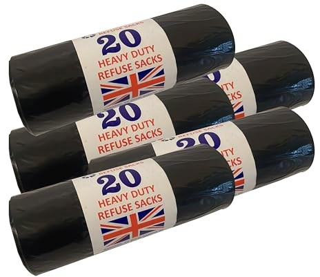 5x20 Black Bin Bags - 80L Capacity Bin Bags Heavy Duty - Leak Resistant Rubbish Bags - Wastage Liners Trash Bags - Refuse Sacks for Kitchen Office DIY Garden - Made from 100% Recycled Material