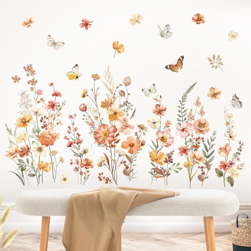decalmile Boho blomma väggdekaler trädgård blommor fjärilar vildblomma väggklistermärken flickor sovrum vardagsrum baby barnkammare väggdekor