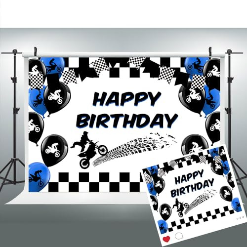 Motorcycle Birthday Backdrop Banner Decor, 7x5FT Blue Balloons Motorcycle Biker Birthday Party Dirt Bike Theme Decorations for Boys Men Supplies BJMYLU1326