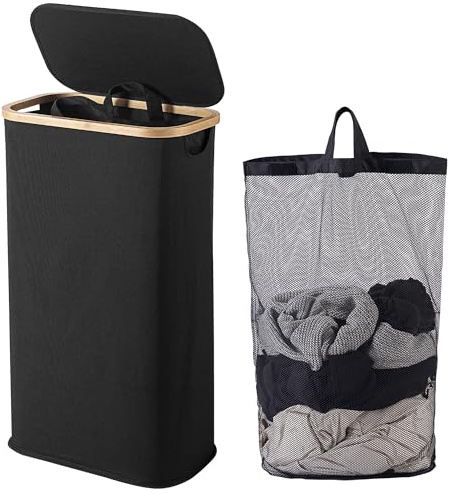 Vencier 60L Slim Laundry Hamper with Lid, Narrow Foldable Laundry Basket with Removable Bag & Bamboo Handles, Thin Dirty Clothes Hamper for Bathroom, Bedroom, Dorm (Black, 60L)
