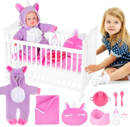 deAO Poupées Kit avec 18”Lit de Poupée et 14”Poupée Nouveau-né, Kit d'alimentation et de Soins pour Poupées avec Vêtements, Accessoires pour Poupées Jeu de Rôle Enfant Cadeau