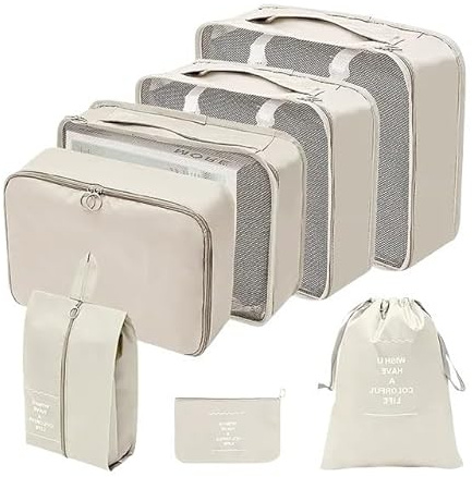 VONCYKI Organisateur de Voyage Sacs de Rangement Valise Cubes d'emballage Ensemble de valises Bagages Portables Vêtements Rangement de Chaussures Pochette Pliable Beige et Noir(7PCS Beige)