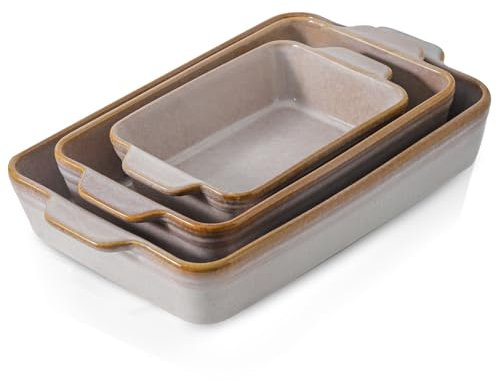 HVH 9x13 Baking Dish Set, Large Casserole Dishes for Oven, Ceramic Bakeware Set of 3, Rectangular Lasagne Pan Deep for Baking (Sand Color)