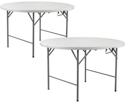 THINIA HOME Pack 2 Mesas Plegables Portátiles Resina Ø121cm Blanco Efecto Granito