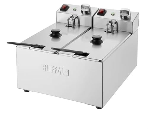 Buffalo Twin Tank Twin Basket 2x3Ltr Countertop Fryer 2x2kW - Kitchen Commercial Stainless Steel Double Deep Fat Fryer Machine for Chips French Fries Donuts CU615 | Powerful 2x2kW elements heat oil rapidly; separate baskets and twin tanks prevent cross-contamination in busy kitchens.