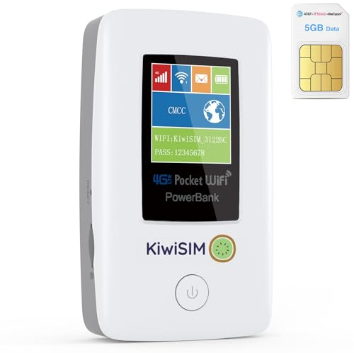 KiwiSIM Punto de acceso móvil WiFi de bolsillo 4G LTE, WiFi portátil con tarjeta SIM de datos de 1 GB, enrutador internacional y banco de energía, ideal para viajes en los Estados Unidos y Europa, con