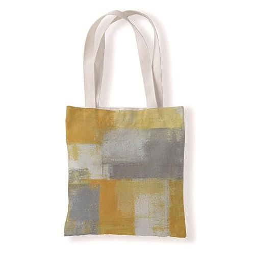 Homeyang Jutebeutel Retro Gelb Grau Stoffbeutel Canvas Wiederverwendbare Beuteltasche Damen Kinder Büchertasche Einkaufsbeutel mit Henkeln Stofftasche Waschbar Tote Bag 33x37 cm