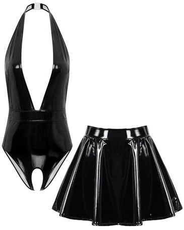 Freebily Damen Wetlook Catsuit Ouvert Stringbody Leder Mini Rock 2pcs Set Lack Leder Outfit Sex Erotische Wäsche
