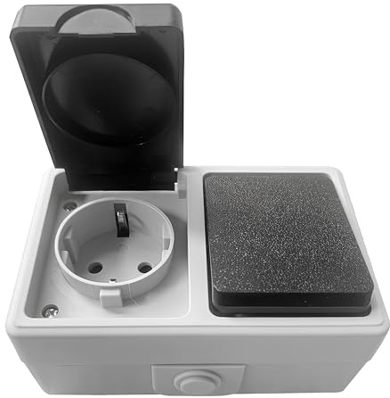 Base de Enchufe Schuko con Interruptor Simple de Estanco con Tapa para Superficie, Interruptor con Schuko Resistente al Agua IP54, 10AX,16A,250V, Apta para Interior y Exterior, Gris y Negro