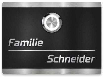 Metzler Türklingel in Schwarz aus V2A Edelstahl mit Gravur, LED-Klingeltaster, pulverbeschichtet matt Feinstruktur in Tiefschwarz RAL 9005, 11 x 8 cm