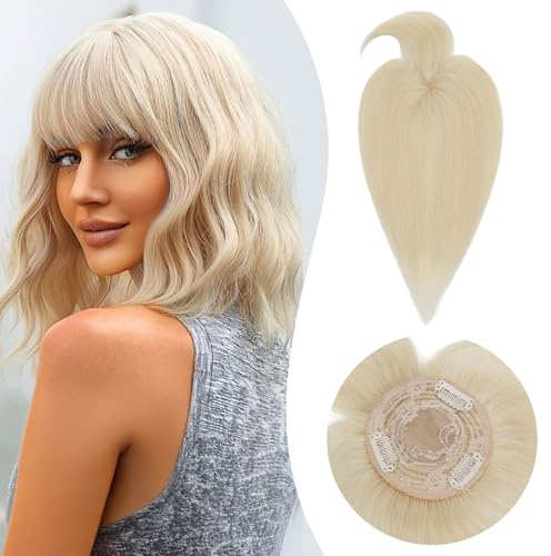 Rich Choices Echthaar Haarteil Topper mit Pony Damen Clip in Echthaar Topper Kurzes Haar Toupet Nahtlose Haarteil Echthaar Haare Extensions Remy Hair Topper (25cm Platinblond)