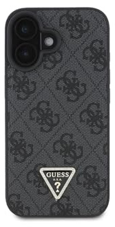 Hülle Kompatibel mit Iphone 16 Guess Lizenziertes PU Leder Strass Triangle Logo 4G Muster Strass Cover Schwarz