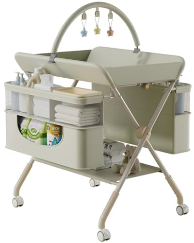 Morlinca Mueble Cambiador Bebe Plegable,Cambiador de Pañales con Ruedas y Compartimentos de Almacenamiento,Ajuste de Altura,para Cambiar Pañales y Ropa,Verde