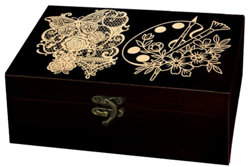arricraft 1 Pc Wooden Memory Keepsake Box, Palette Paintbrushes Lace Butterflies and Flower Engraved Pattern Rectangle Pine Tarot Box for Anniversary Jewelry Board Storage (9.45x5.51x3.54 Inch)