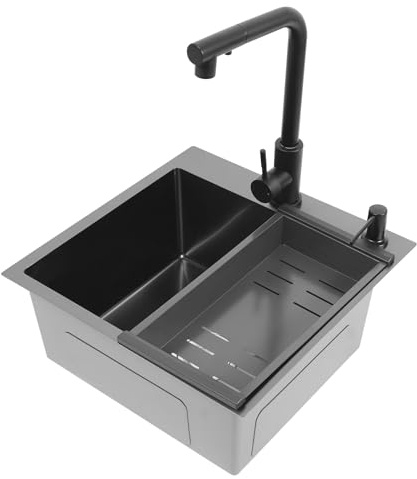 QIERF Fregadero de cocina negro de acero inoxidable, 45 x 45 x 18 cm, con grifo extraíble, escurridor, dispensador de jabón, tubo de sifón, dispensador de jabón, válvulas de esquina, para cocina