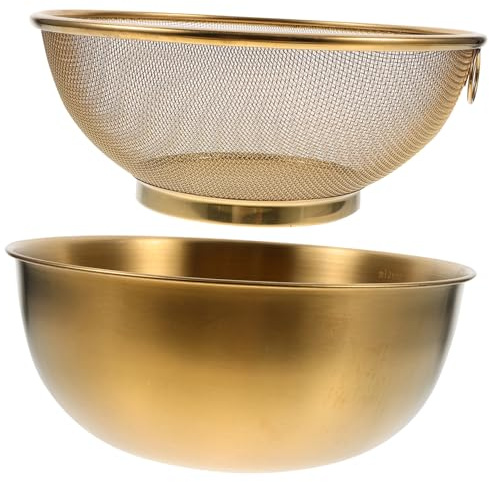 IWOWHERO Stainless Steel Fine Mesh Colander and Mixing Bowl Set Fast Drainage Strainer Basket for Washing Fruits Vegetables Rice Kitchen Drainer for Indoor and Outdoor Use Gold Design