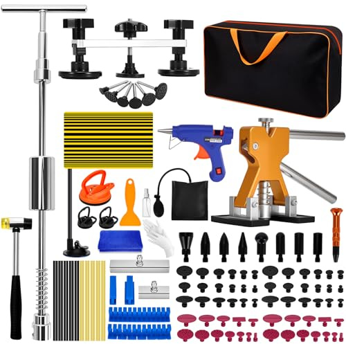 Kit Debosselage Carrosserie, 120 Pièces Kit Reparation Carrosserie avec Pistolet à Colle, Extracteur, Marteau et Ventouse – Kit Débosselage sans Peinture pour Voiture, Moto et Appareils Métalliques
