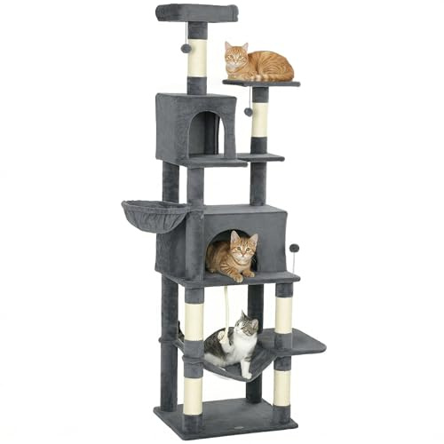 PawHut Cat Tree, 202cm Large Cat Tower for Indoor Kittens, Dark Grey | 6 Scratching Posts, 2 Condos, 2 Perches, 2 Hammocks, Pompoms, Multi-Level Plush Kitty Activity Centre, for Rest and Play