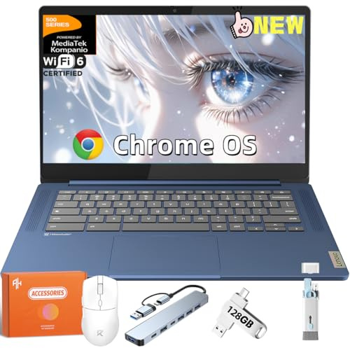 Lenovo Chromebook IdeaPad Slim 3 per aziende e studenti, schermo antiriflesso FHD IPS 14, MediaTek Kompanio 520, 4 GB di RAM 320 GB di memoria (64 GB eMMC + 256 GB MSD), webcam, WiFi 6