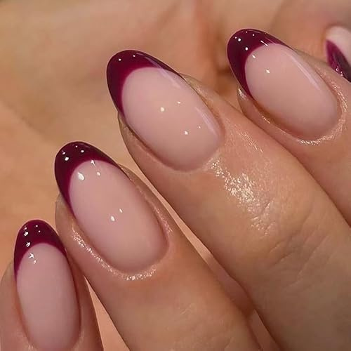 Red French Tip False Nails - 24Pcs Short Almond Press on Nails - Nude Nails with Wine Red French Tip Design - Full Cover Nail Tips Acrylic Press on Nails - Stick On nails with Glue for Women