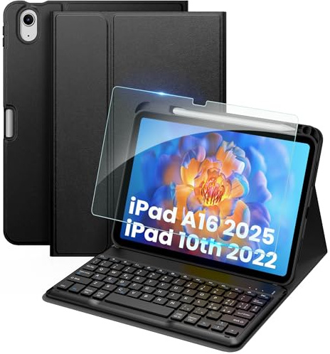 EasyAcc Cover con Tastiera per iPad A16 11 Gen 2025 11 / 10 Gen 2022 10.9 | Wireless [Italiano] Tastiera per iPad 11 / 10 Generazione Rimovibile, Pellicola Protettiva Inclusa E Portapenne, Nero