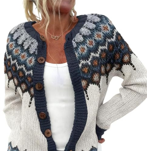 KBOPLEMQ Chaqueta de punto para mujer, cárdigan corto, cárdigan de punto, suave, elegante, cálido, otoño, chaqueta de entretiempo, suéter ligero, suéter noruego de punto con botones, O beige., L
