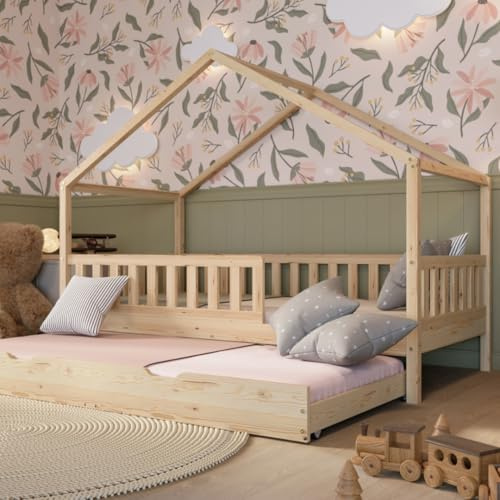 Crazy Pine Cabane avec Tiroir Fonction Couchage 190x90 cm – pour Enfant en Bois Naturel avec Barrière – Lit Montessori avec tiroir avec Fonction Couchage et Barrière Amovible - Crazy House