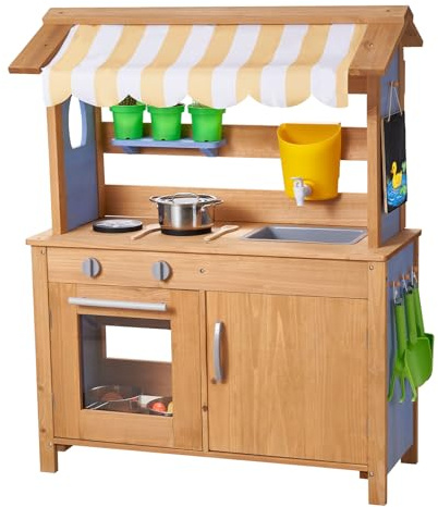 VEVOR Cocina de Barro Realista para Niños al Aire Libre, Madera Cedro, con Cucharas, Fregadero, Tanque, Toldo Parasol, Palas, Ollas y Accesorios, para Jugar en Casa y Jardín, 795 x 339 x 1000 mm