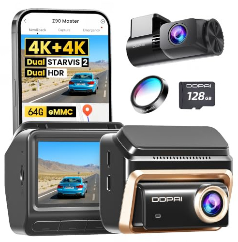 DDPAI Z90 Master 4K+4K Dual Dashcam, Dual STARVIS 2 HDR (2 x IMX678), bilkamera 64 GB eMMC med 128 GB kort, inklusive CPL, natt anti-flimmer, 3K/60 fps motorväg, GPS/ADAS, WLAN, 4G LTE, 24h