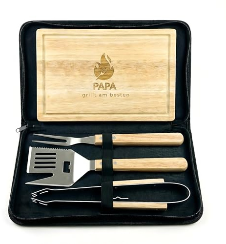 Grill Set Papa Geschenk – Hochwertiges Grillbesteck Set mit Holz Schneidebrett mit Gravur, Grillzange, Grillspieß, Grill Multitool und Tasche– Vatertagsgeschenk für Papa, Männer Grill Geschenk