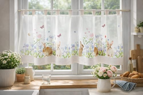 KAMACA Bistrogardine Häschen in der Blumenwiese – 45 x 120 cm Scheibengardine aus edlem Voile & Organza – Transparente Küchengardine mit Hasen-Motiv & Schlaufen – Moderne Landhaus-Fensterdeko